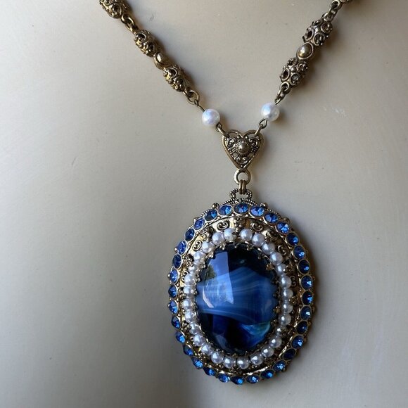 VTG Pendant Necklace 26" W Germany Porphyry Blue Art Glass Filigree Faux Pearl - Picture 2 of 12
